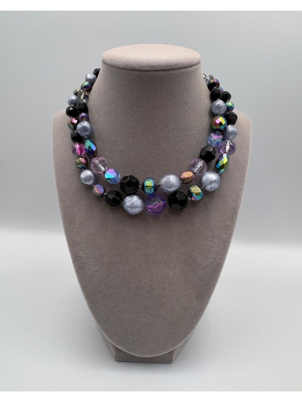 Vintage Germany Double Strand Iridescent Acrylic Bead Choker Necklace